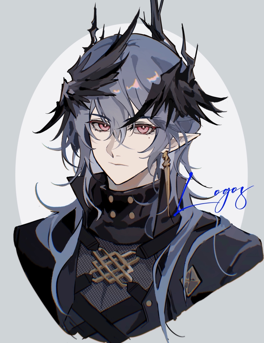 1boy absurdres arknights black_shirt blue_hair border bright_pupils character_name chinese_commentary closed_mouth commentary_request cropped_shoulders earrings expressionless grey_border hair_between_eyes highres jewelry logos_(arknights) logos_(npc)_(arknights) long_hair looking_at_viewer male_focus outside_border oval_background pink_eyes pointy_ears shirt simple_background solo white_background white_pupils yiwu114013