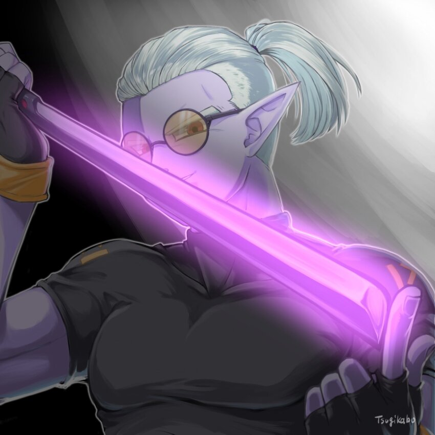 1boy black_gloves colored_skin covered_pectorals demon dragon_ball dragon_ball_heroes dragon_ball_xenoverse epe-tohri fingerless_gloves fu_(dragon_ball) glasses gloves glowing glowing_weapon grey_shirt highres holding holding_weapon looking_at_viewer male_focus muscular muscular_male ninjatou pectorals pointing pointy_ears ponytail purple_skin red_eyes round_eyewear shirt short_sword smirk solo sword tinted_eyewear turtleneck twitter_username undercut weapon white_hair wrist_cuffs yellow-tinted_eyewear yellow_wrist_cuffs
