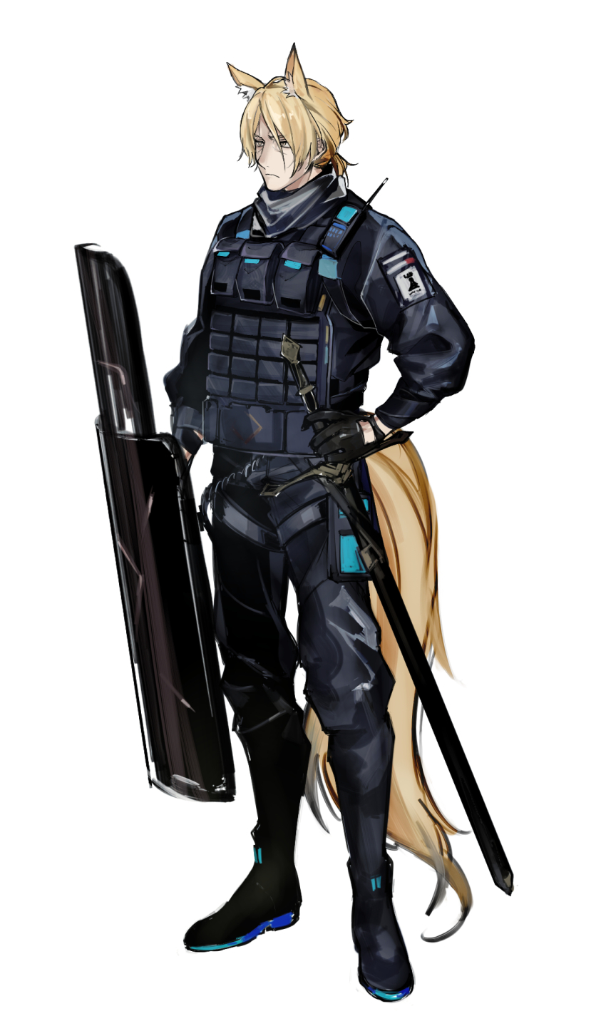1boy animal_ears arknights black_gloves blonde_hair full_body gloves highres horse_boy horse_ears horse_tail ieiieiiei mlynar_(arknights) rhodes_island_logo_(arknights) shield short_hair solo sword tagme tail weapon