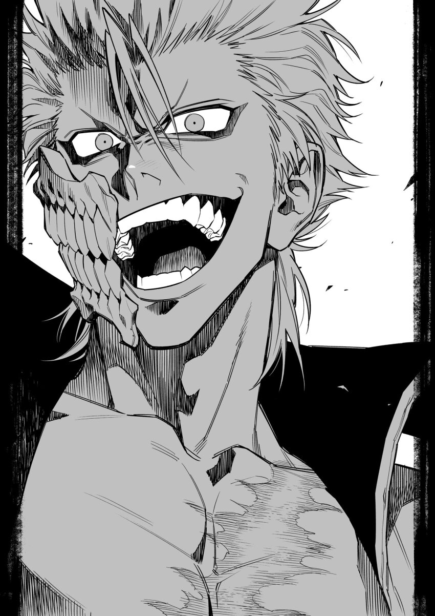 1boy bleach evil_smile greyscale grimmjow_jaegerjaquez highres looking_at_viewer monochrome open_mouth portrait sano_yuuto scar scar_on_chest short_hair smile teeth white_background