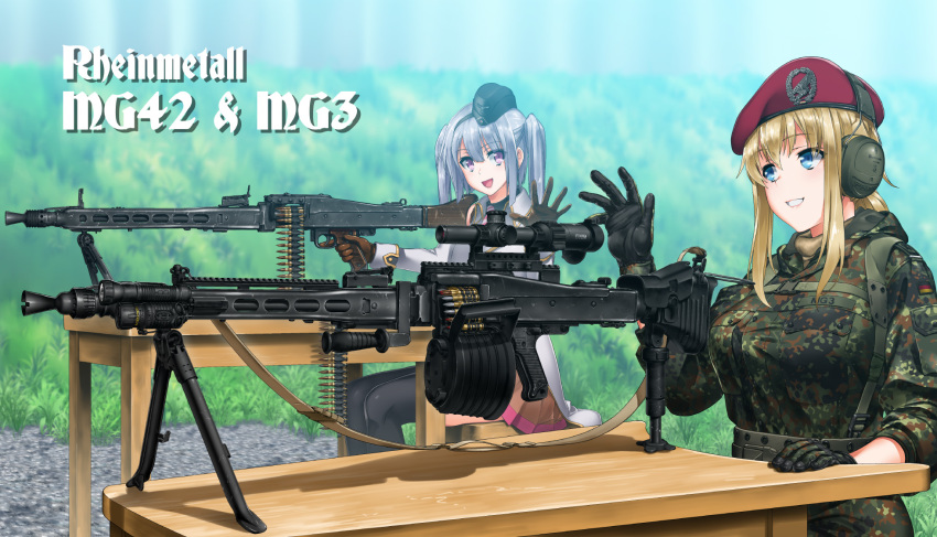 2girls 7.62x51mm_nato 7.92x57mm_mauser ammunition ammunition_belt beret bipod black_gloves black_legwear blonde_hair blue_eyes brown_gloves bullet camouflage drum_magazine emblem english_text flashlight flecktarn fully_powered_cartridge german_flag german_rifle_testing_commisson girls&#039;_frontline gloves grass gravel gun gun_sling hat headphones henshako highres laser_sight light_machine_gun lmg_cartridge looking_at_another m13_link machine_gun magazine_(weapon) mg3 mg3_(girls&#039;_frontline) mg42_(girls&#039;_frontline) mg_42 military military_cartridge military_uniform multiple_girls necktie open_mouth pleated_skirt purple_eyes rifle_cartridge scope sight skirt table thighhighs trigger_discipline twintails waving weapon white_hair woodland_camouflage