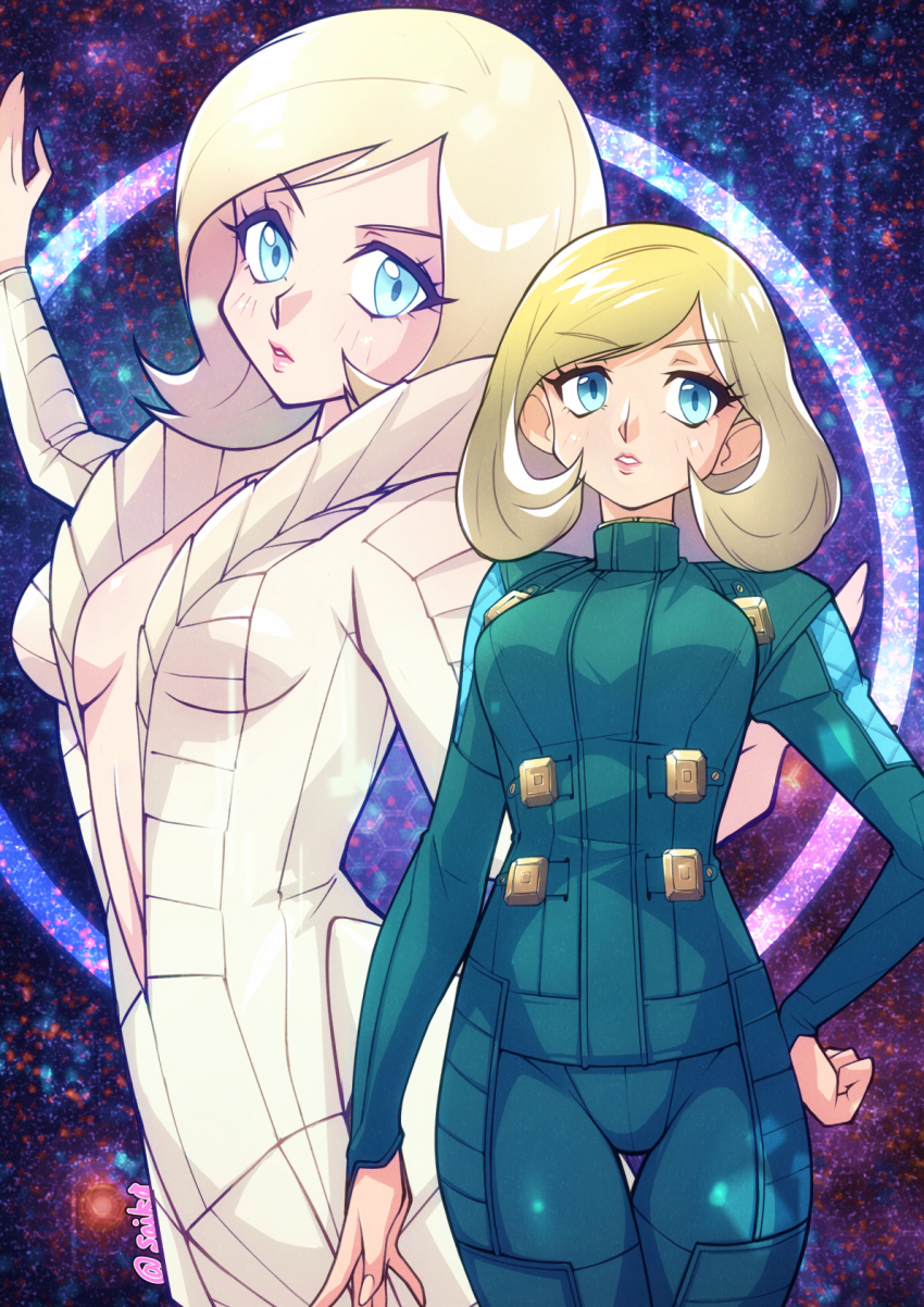 2girls blonde_hair blue_eyes bodysuit breasts center_opening cowboy_shot hand_on_own_hip highres looking_at_viewer medium_hair military_uniform multiple_girls pink_lips saika_(pixiv43370196) shin_megami_tensei shin_megami_tensei:_strange_journey spacesuit sparkle_background white_bodysuit zelenin_(strange_journey)