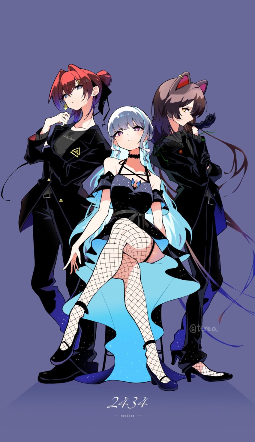 3girls ange_katrina biting biting_glove black_gloves black_shirt crossed_legs fishnet_thighhighs fishnets gloves highres inui_toko lize_helesta multiple_girls nijisanji red_hair shirt sitting standing terea236565905 thighhighs virtual_youtuber