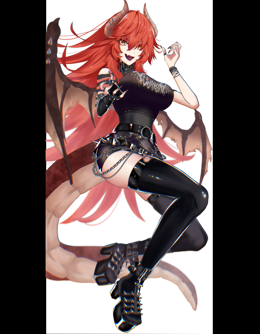 1girl absurdres belt black_belt black_boots black_nails black_shorts black_tank_top black_thighhighs boots breasts chain dragon_girl dragon_horns dragon_tail dragon_wings fang high_heel_boots high_heels highres horns large_breasts long_hair mishima_nina nail_polish open_mouth red_hair shorts skin_fang smile solo spiked_belt tail tank_top thighhighs virtual_youtuber vshojo wings yellow_eyes zentreya zentreya_(dragon) zentreya_(dragon)_(metalheads)