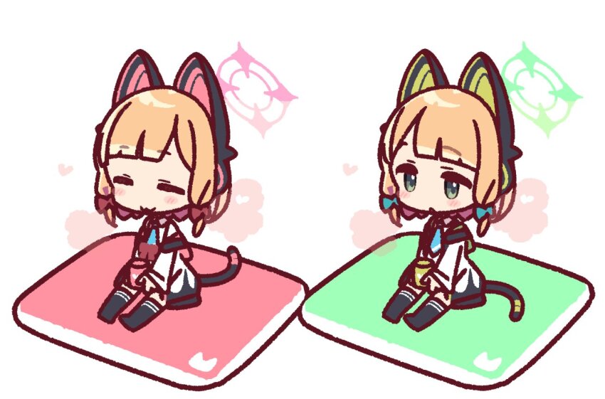 2girls animal_ears blonde_hair blue_archive cat_ears coat commentary_request cushion halo midori_(blue_archive) momoi_(blue_archive) multiple_girls short_hair siblings simple_background sitting tail twins yoru_nai zabuton