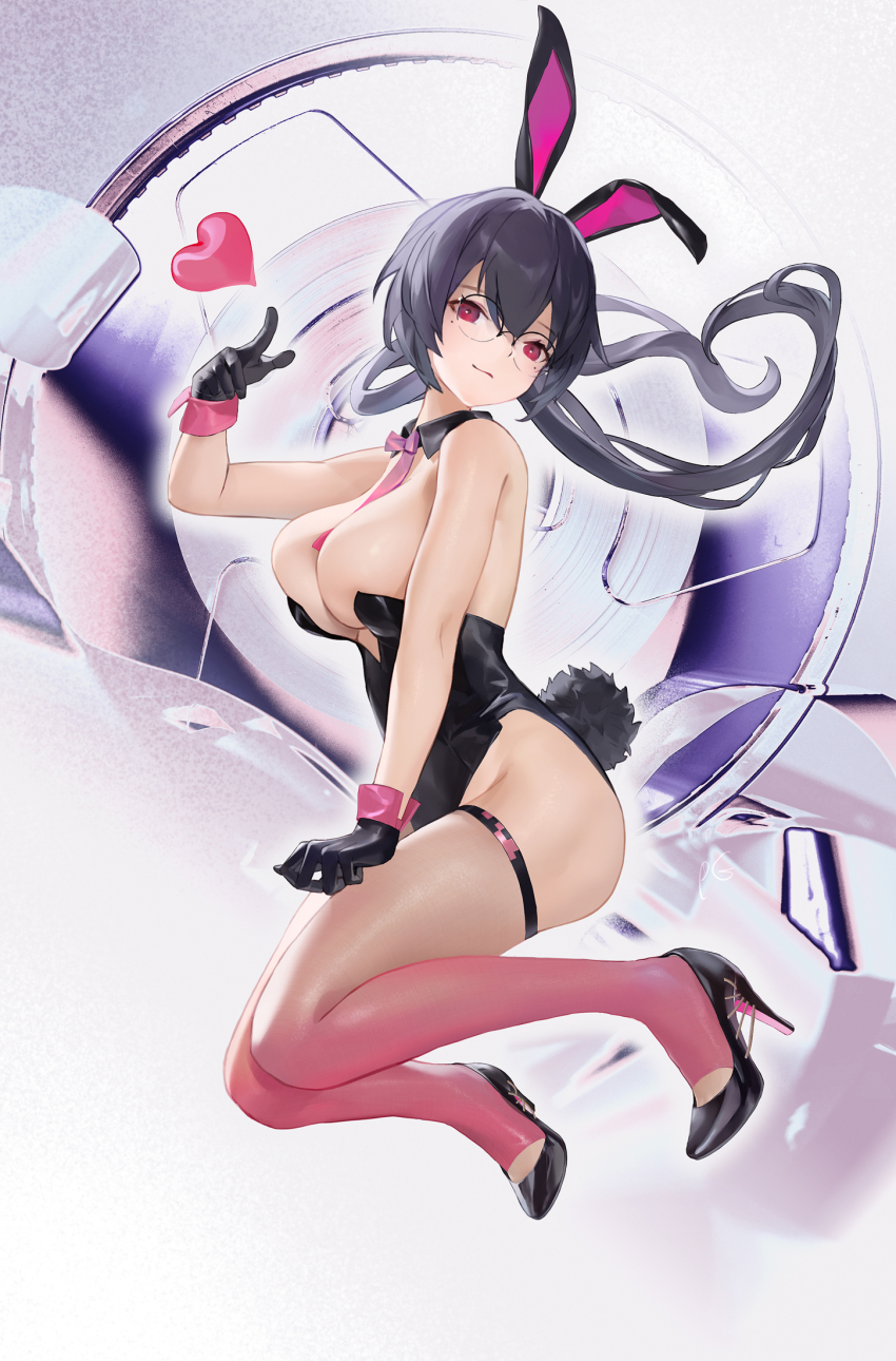1girl animal_ears black_gloves black_hair black_leotard black_shoes breasts cleavage closed_mouth commentary detached_collar double-parted_bangs english_commentary fake_animal_ears fake_tail floating_hair glasses gloves hair_between_eyes heart high_heels highleg highleg_leotard highres index_finger_raised large_breasts leotard light_smile looking_at_viewer mole mole_under_each_eye mole_under_eye multiple_moles necktie pink_eyes pink_necktie playboy_bunny pointing pumps pupil_g rabbit_ears rabbit_tail shoes snowbreak:_containment_zone solo strapless strapless_leotard tail two-tone_thighhighs vidya_shannon