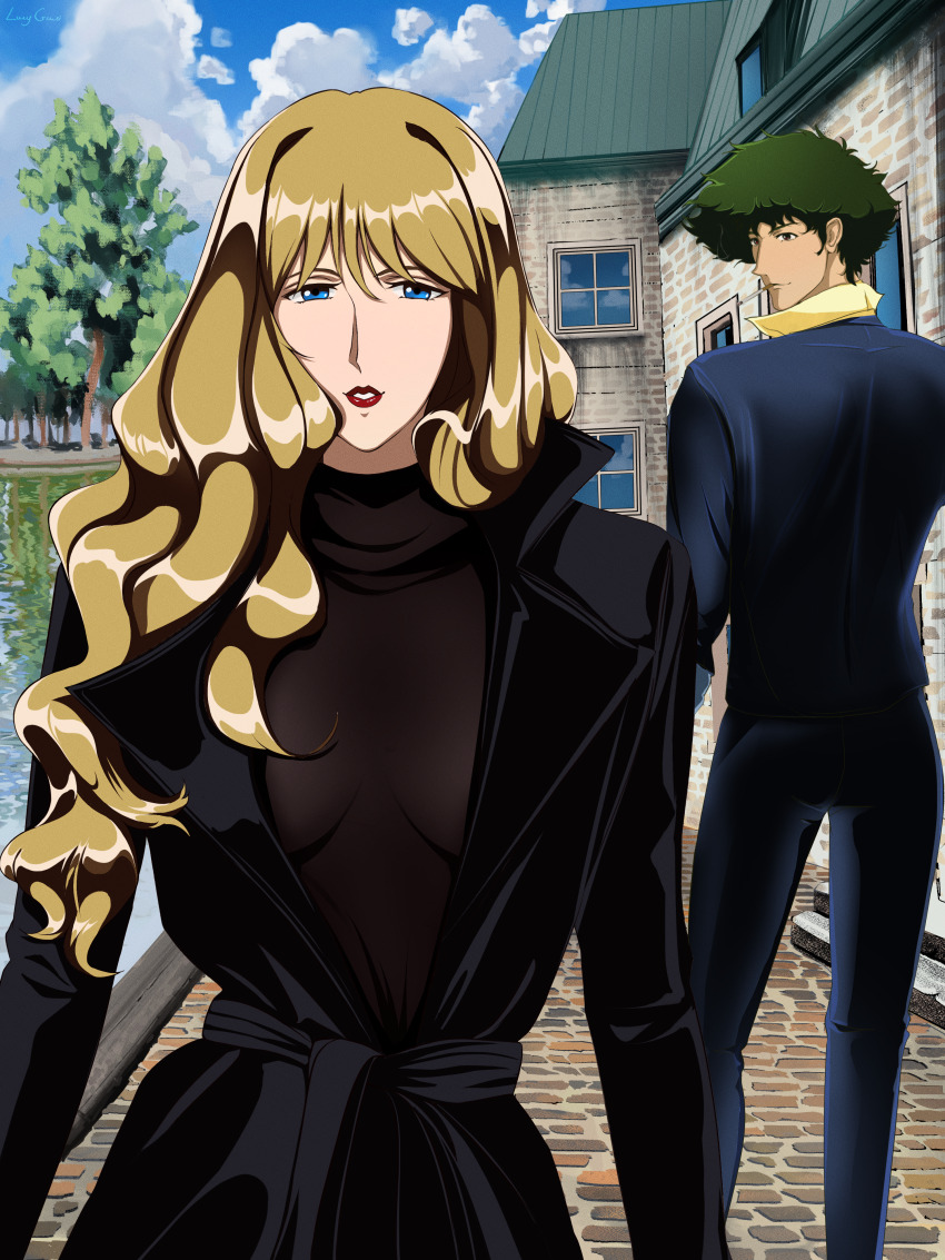 absurdres blonde_hair blue_eyes brown_eyes couple cowboy_bebop curly_hair green_hair highres hug julia_(cowboy_bebop) spike_spiegel