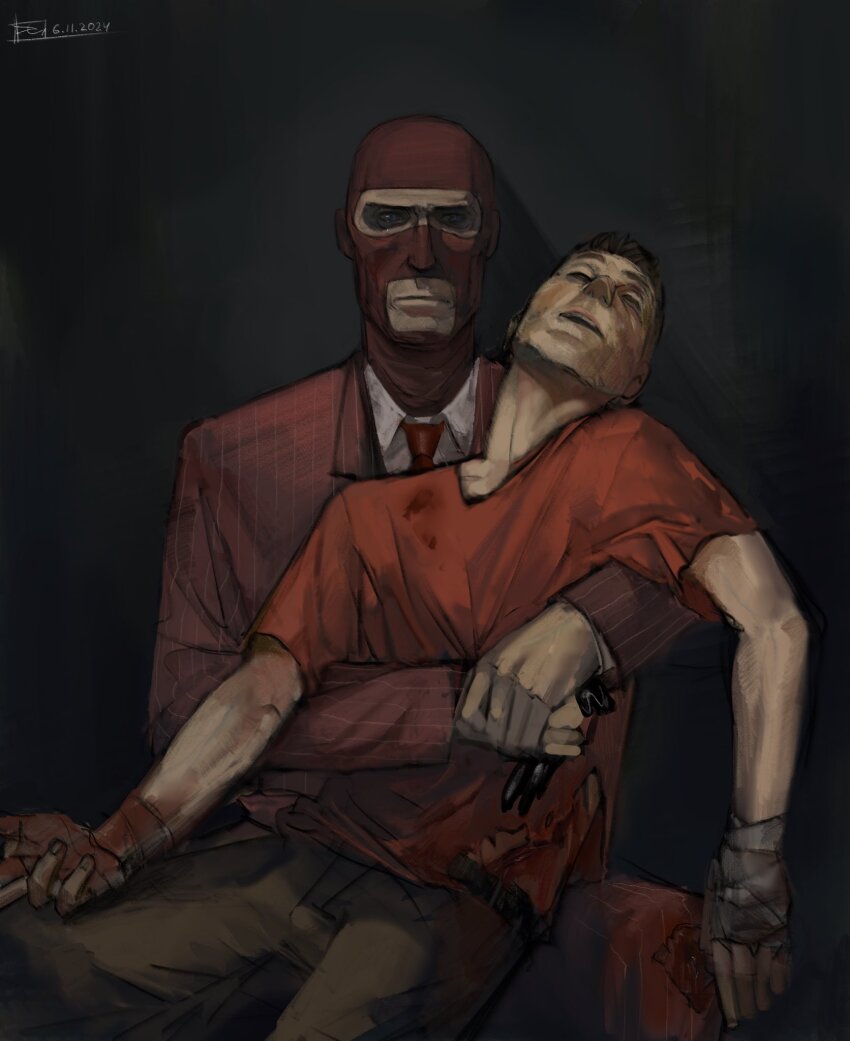 2boys balaclava bluekitty228 cowboy_shot dated death fine_art_parody formal_clothes gloves hand_wraps highres multiple_boys necktie pants parody pieta red_necktie red_scout_(tf2) red_shirt red_spy_(tf2) red_suit scout_(tf2) shirt spy_(tf2) suit t-shirt team_fortress_2 torn_clothes unworn_gloves white_shirt