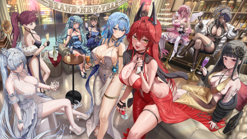 2025 6+girls :d absurdres alcohol arm_strap bare_arms bare_shoulders black_bag black_gloves black_hair black_socks blonde_hair blue_eyes blue_hair blunt_bangs blush bottle breasts champagne champagne_flute character_doll cinderella_(glass_princess)_(nikke) cinderella_(nikke) cleavage closed_eyes closed_mouth cocktail_dress cocktail_glass couch crossed_legs cup d_(killer_wife)_(nikke) d_(killer_wife)_(secret_party_cleaner)_(nikke) d_(nikke) diesel_(midnight_strawberry)_(nikke) diesel_(nikke) dolla_(dark_rose)_(nikke) dolla_(nikke) dorothy_(nikke) dorothy_(nostalgia)_(nikke) dress drinking_glass evening_gown gloves goddess_of_victory:_nikke groin hair_ornament hair_over_one_eye happy_new_year helm_(chandelier)_(nikke) helm_(nikke) high_heels highres hip_vent holding holding_cup holding_microphone horns indoors jacket kneehighs large_breasts long_hair long_sleeves microphone multicolored_hair multiple_girls new_year noise_(classic_diva)_(nikke) noise_(nikke) off_shoulder official_alternate_costume one_eye_closed one_eye_covered open_clothes open_jacket open_mouth pelvic_curtain phonograph pink_hair pink_shoes pinne_(nikke) ponytail privaty_(banquet_princess)_(nikke) privaty_(nikke) purple_eyes purple_hair red_dress red_hair red_hood red_hood_(nikke) red_hood_(nonsense_red)_(nikke) revealing_clothes shiny_skin shoes shoulder_tattoo side_slit sideboob silver_dress silvertsuki sitting skindentation smile socks standing streaked_hair tattoo thigh_strap thighhighs thighs tile_floor tiles twintails white_dress white_hair white_jacket white_thighhighs wings yellow_dress yellow_eyes