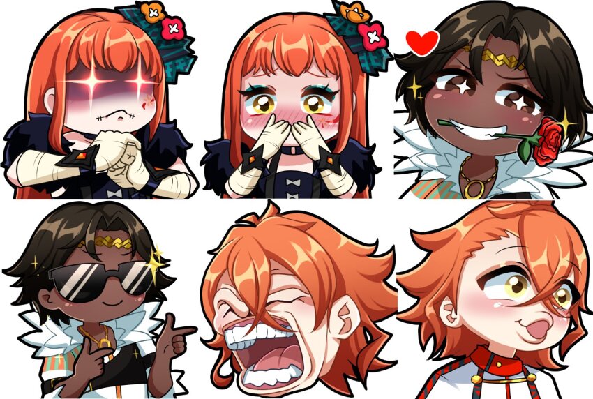 1girl 2boys bandaged_arm bandaged_hand bandages commission dark-skinned_male dark_skin deliichan5 emoji fire_emblem fire_emblem_engage flower flower_in_mouth fogado_(fire_emblem) meme multiple_boys nintendo orange_hair pandreo_(fire_emblem) panette_(fire_emblem) pogchamp_(meme) portrait second-party_source short_bangs sunglasses yellow_eyes