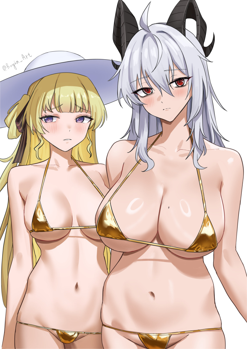 2girls absurdres alternate_costume bare_shoulders bikini black_bow black_horns blonde_hair blush bow boyin breasts chinese_commentary closed_mouth collarbone commentary_request curled_horns gold_bikini grey_hair groin hair_between_eyes hair_bow hat highres horns large_breasts long_hair looking_at_viewer mole mole_on_breast multiple_girls navel parted_lips phoebe_(wuthering_waves) purple_eyes red_eyes revision simple_background stomach swimsuit white_background white_hat wuthering_waves zani_(wuthering_waves)
