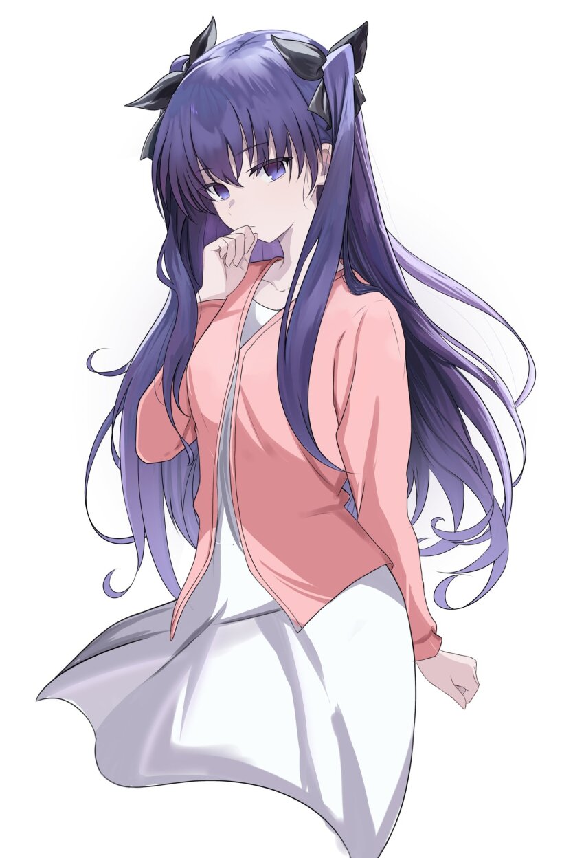 1girl alternate_universe corruption dress fate/stay_night fate_(series) heaven&#039;s_feel highres jacket long_hair matou_sakura personality_switch pink_jacket purple_hair ribbon rin&#039;s_pendant_(fate) role_reversal scar scar_on_face shokobr tohsaka_rin two_side_up white_dress