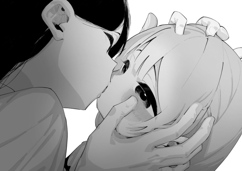 2girls age_difference black_hair blush eye_contact french_kiss greyscale half-closed_eyes hand_on_another&#039;s_face hand_on_another&#039;s_head highres kiss kiss_focus looking_at_another monochrome multiple_girls onee-loli original shiratama_mochi tutor white_background yuri