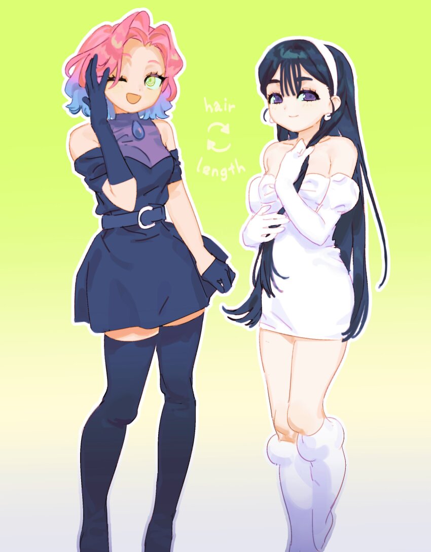 2girls :d absurdres alien_stage asymmetrical_gloves belt black_gloves black_hair boots breasts choppy_bangs cleavage curtained_hair detached_sleeves dress earrings elbow_gloves gloves gradient_background green_eyes hairband half_gloves highres jewelry knee_boots laz_(wancchaco) long_hair looking_at_viewer mizi_(alien_stage) multiple_girls one_eye_closed open_mouth outline pink_hair purple_eyes see-through_cleavage see-through_clothes short_dress short_hair skirt smile standing straight_hair strapless strapless_dress sua_(alien_stage) thick_eyebrows thigh_boots tube_dress uneven_gloves wavy_hair white_dress white_gloves