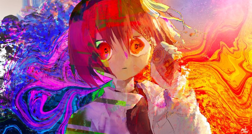 1girl a.i._voice adachi_rei black_hairband black_shirt blank_stare blue_background cassette_player closed_mouth dissolving distortion empty_eyes expressionless glitch gloves hair_between_eyes hair_ribbon hairband hand_up highres holding jacket leaning_to_the_side long_sleeves medium_hair multicolored_background open_clothes open_jacket orange_background orange_eyes orange_hair parka pinosan portrait ribbon shirt side_ponytail signature solo utau white_gloves white_jacket white_ribbon wide-eyed