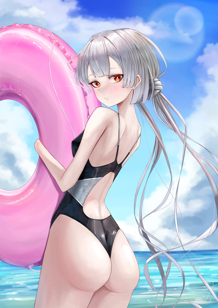 1girl absurdres ass ass_focus back back_focus cloud duel_monster grey_hair highres huge_ass innertube long_hair looking_back one-piece_swimsuit racerback red_eyes sky sky_striker_ace_-_roze solo swim_ring swimsuit thong triangle_del twintails water yu-gi-oh!