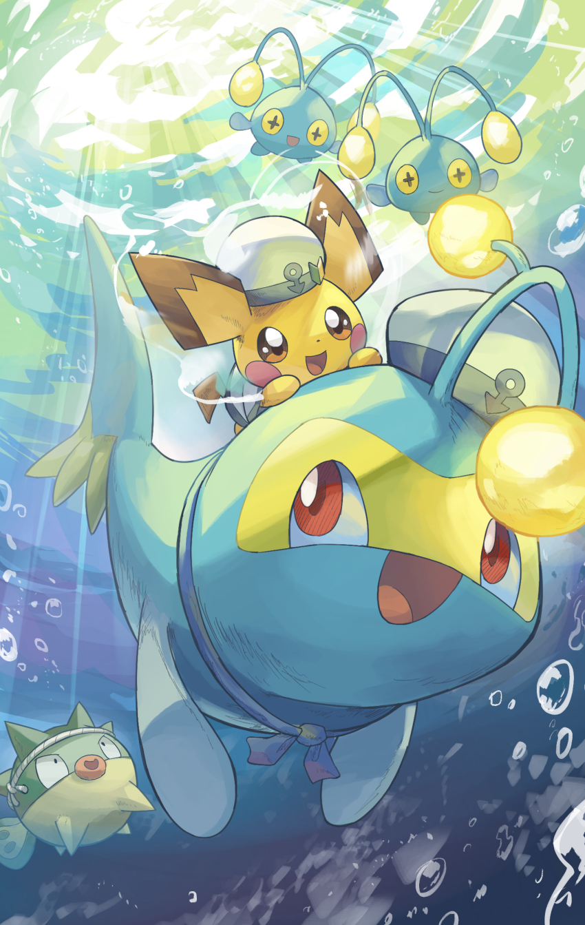 +_+ :d air_bubble animal_focus blue_neckerchief brown_eyes bubble chinchou closed_mouth clothed_pokemon fish gen_2_pokemon glowing hat headband highres lanturn light_rays neckerchief nintendo no_humans open_mouth pichu pokemon pokemon_(creature) pokemon_focus qwilfish red_eyes riding riding_pokemon sailor_hat shirt smile sunbeam sunlight swimming underwater white_hat white_shirt yamaori_(hakkentai_pokedan)