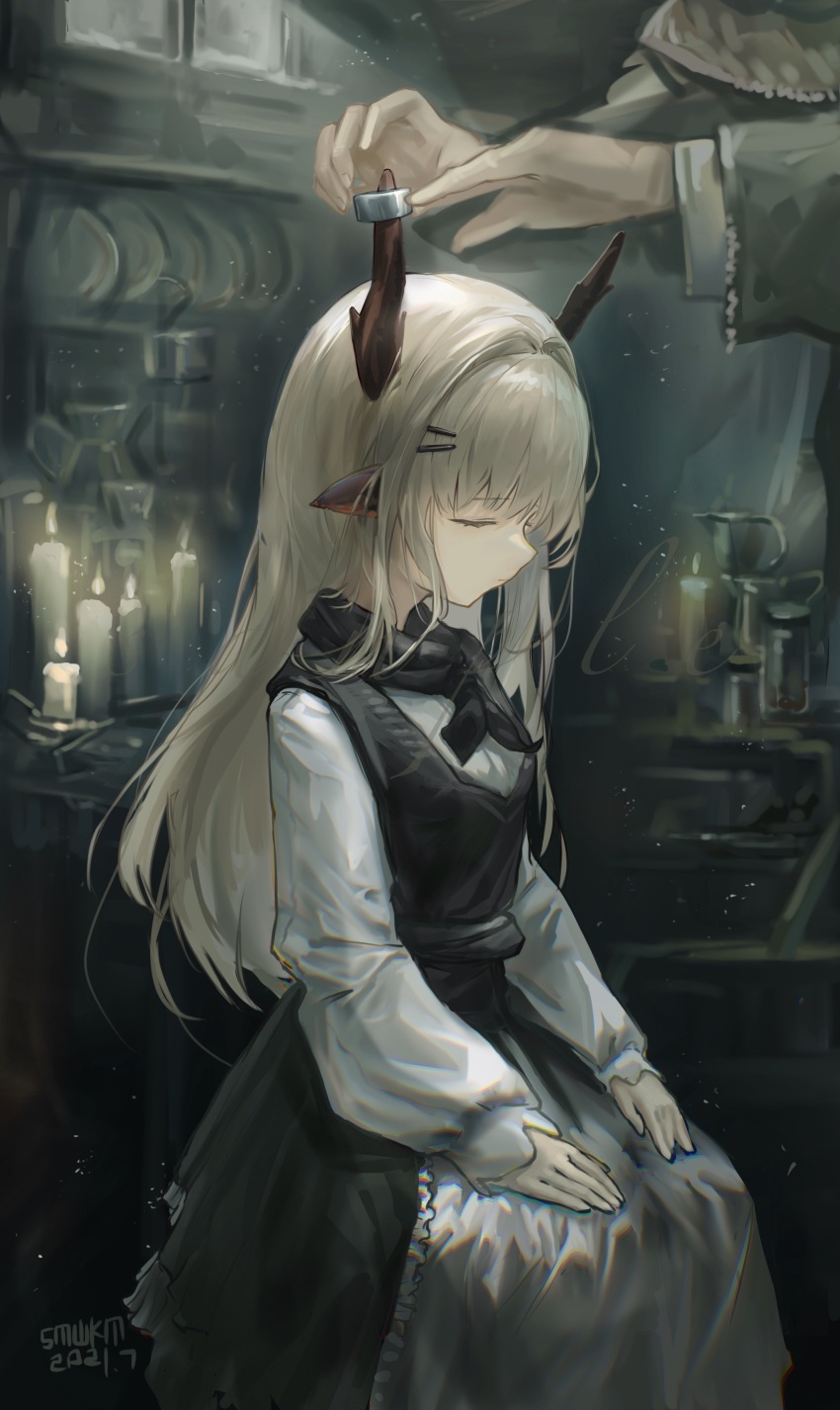 1girl 1other absurdres aged_down alina_(arknights) animal_ears antler_ring antlers arknights black_dress black_neckerchief closed_eyes deer_antlers deer_ears deer_girl dress hair_intakes hair_ornament hairclip highres holding holding_jewelry holding_ring horns indoors jewelry light_brown_hair long_sleeves neckerchief pinafore_dress ring sawkm sitting sleeveless sleeveless_dress solo_focus two-tone_dress white_dress window