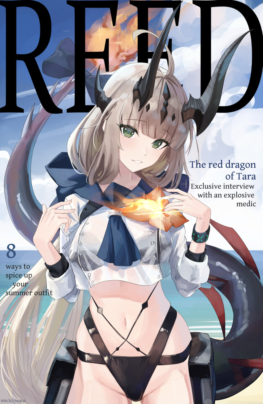 1girl ahoge arknights bikini black_bikini black_bow black_horns blonde_hair bow cloud cloudy_sky cover cowboy_shot crop_top cropped_shirt dragon_horns dragon_tail english_text fake_magazine_cover flame-tipped_tail flower green_eyes highres horns infection_monitor_(arknights) light_in_heart long_hair long_sleeves long_tail looking_at_viewer magazine_cover multiple_horns navel nstch_root_a official_alternate_costume orange_flower parted_lips reed_(arknights) reed_the_flame_shadow_(arknights) reed_the_flame_shadow_(summer_flower)_(arknights) see-through_clothes see-through_shirt shirt sky solo swimsuit tail tail_bow tail_ornament white_shirt