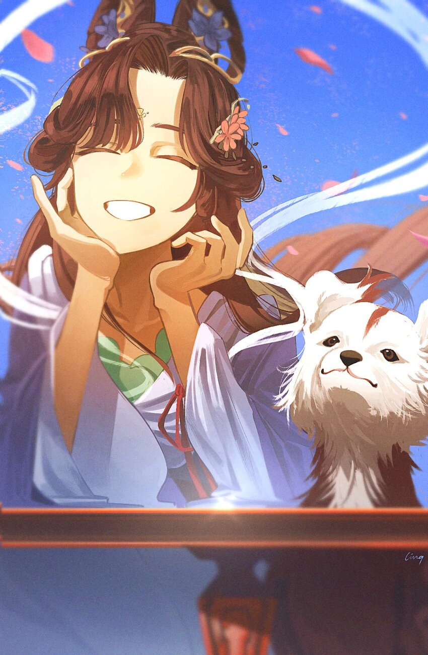 1girl ^_^ black_hair blue_background chinese_clothes closed_eyes creature facing_viewer falling_petals feixianji_(hairstyle) grin hagoromo hair_ornament hand_on_own_cheek hand_on_own_face hands_up hanfu highres jiu_niangzi jiu_niangzi_(blossom_spring_fairy) ling_(chaaaaanhikari) long_hair official_alternate_costume parted_bangs petals pink_petals purple_hanfu reverse:1999 shawl smile solo upper_body very_long_hair white_shawl