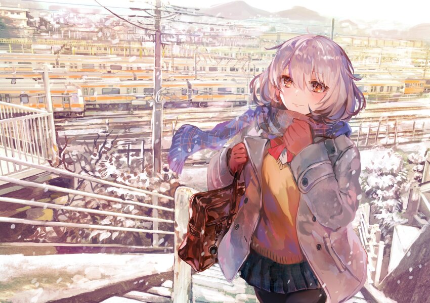 1girl bag black_pantyhose blue_scarf brown_bag brown_eyes cardigan closed_mouth commentary_request cowboy_shot evening gloves grey_hair highres jacket layered_clothes light_smile long_sleeves looking_ahead multiple_unit_train open_clothes open_jacket original outdoors pantyhose plaid_clothes plaid_scarf pleated_skirt power_lines railing railroad_tracks real_world_location red_gloves rioka_(southern_blue_sky) scarf school_uniform short_hair shoulder_bag skirt smile snow snowing solo standing train tree utility_pole