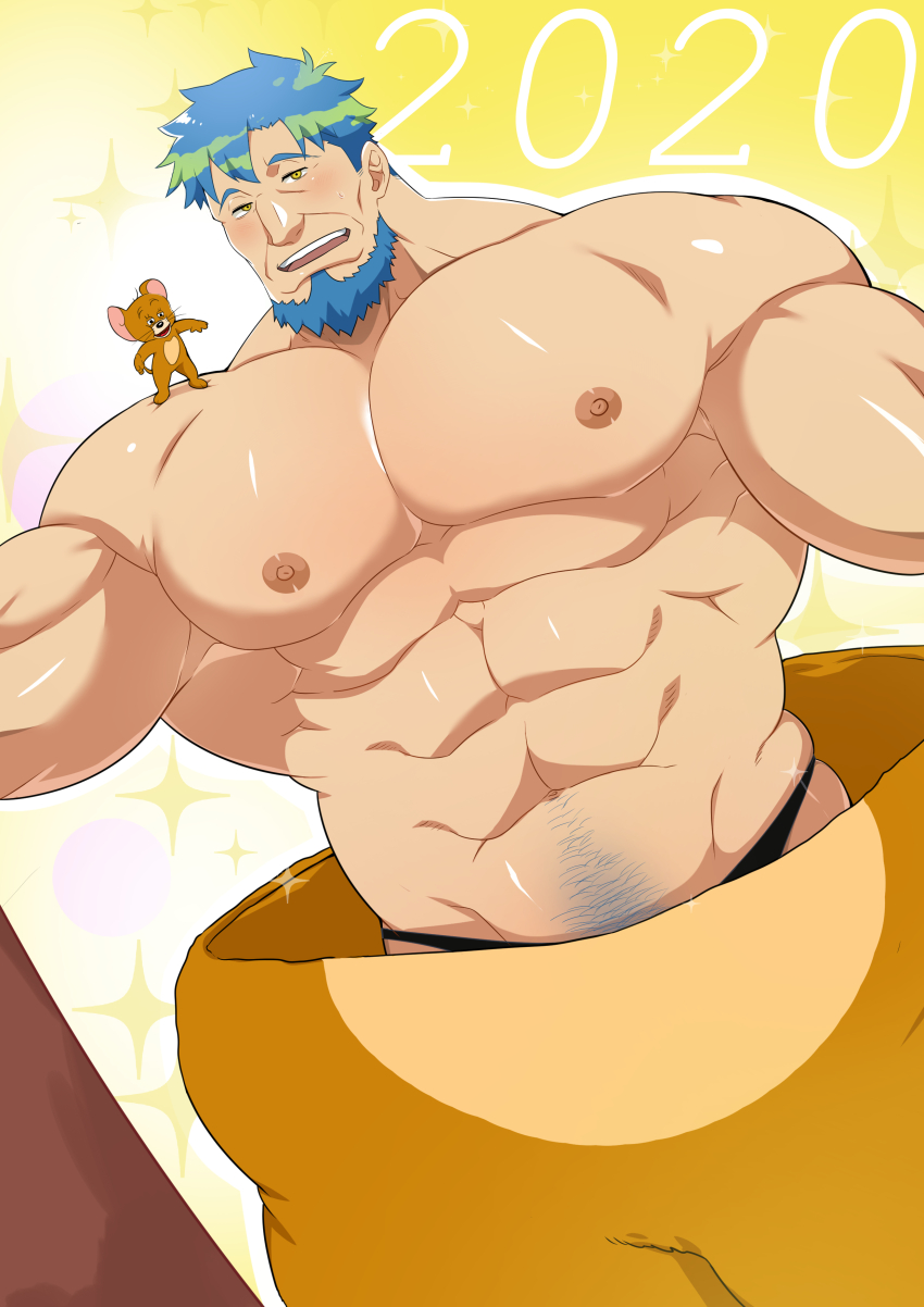 1boy 2020 abs absurdres animal_costume aqua_hair bara bikini_briefs black_male_underwear blush character_costume chinese_zodiac cosplay ducka98 earth-chan earth-ojisan facial_hair genderswap genderswap_(ftm) goatee gradient_hair green_hair highres jerry_(tom_and_jerry) jerry_(tom_and_jerry)_(cosplay) large_pectorals looking_at_viewer male_focus male_underwear mature_male mouse_(animal) mouse_costume multicolored_hair muscular muscular_male navel_hair new_year nipples parody pectorals shiny_skin short_hair sideburns skindentation solo_focus sparkle stomach tom_and_jerry topless_male underwear year_of_the_rat