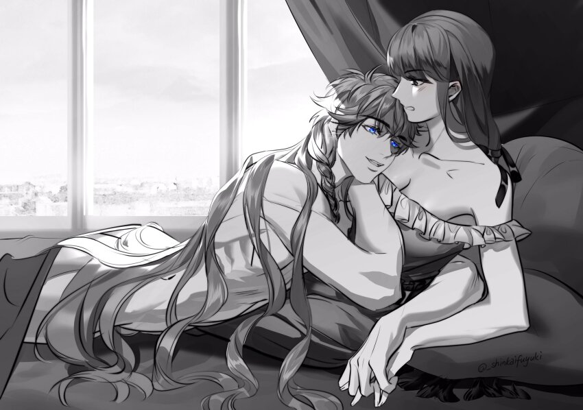 1boy 1girl alternate_hair_length alternate_hairstyle ass bare_shoulders bishounen blanket blue_eyes braid breasts cleavage clothed_female_nude_male commentary curtains dress earrings glint greyscale hand_grab hetero highres jewelry long_hair love_and_producer lying medium_breasts monochrome nude off-shoulder_dress off_shoulder on_stomach pillow protagonist_(love_and_producer) shinkaifuyuki single_braid smile spot_color stud_earrings very_long_hair window zhou_quiluo