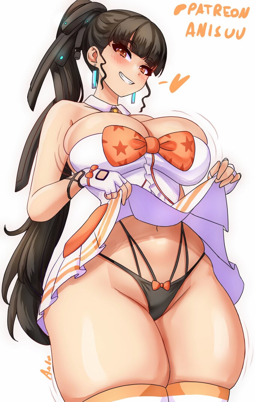 1girl anisdrawn artist_name bare_shoulders black_hair blush breasts brown_eyes clothes_lift earrings eve_(stellar_blade) female_focus hair_ornament hairclip highres jewelry large_breasts long_hair official_alternate_costume panties patreon_username ponytail shiny_skin simple_background skindentation skirt skirt_lift stellar_blade teeth thighhighs thighs underwear white_background white_thighhighs