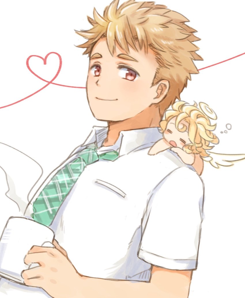 2boys angel angel_wings blonde_hair cherub closed_mouth collared_shirt cup cupid_(housamo) closed_eyes green_necktie halo heart highres holding holding_cup looking_at_viewer male_focus mug multiple_boys necktie open_mouth pink_eyes shirt short_hair sideburns sleepy steam summon_lw tennouji_shin&#039;ya tokyo_houkago_summoners upper_body white_background white_shirt wings