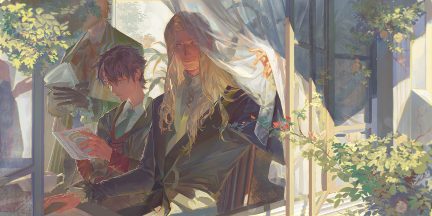 024_(1a41a4) 1other 3boys absurdres black_gloves black_hair blonde_hair blue_suit blurry book branch chair closed_mouth cup curtain_grab curtains day depth_of_field fate/grand_order fate_(series) flower formal_clothes fujimaru_ritsuka_(male) fujimaru_ritsuka_(male)_(mage&#039;s_association_uniform) gloves hand_up highres holding holding_book indoors jacket leaf long_hair long_sleeves looking_at_viewer male_focus multiple_boys necktie open_book open_window plant reading red_flower shade short_hair sidelocks sitting suit table teacup upper_body vlad_iii_(fate/apocrypha) william_shakespeare_(fate) window yellow_jacket
