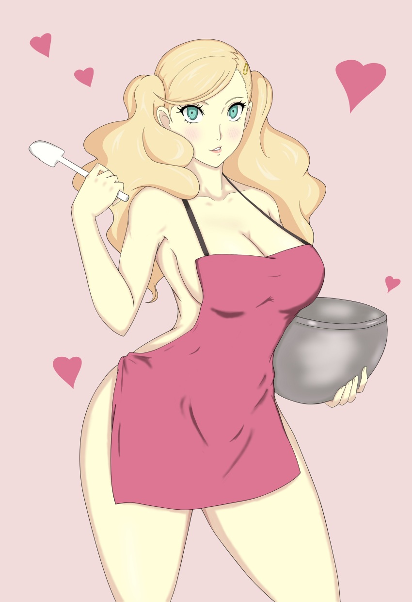1girl absurdres apron blonde_hair blue_eyes blush bowl breasts cleavage collarbone cowboy_shot hand_up heart highres holding holding_bowl holding_spoon large_breasts long_hair looking_at_viewer nahone_peko naked_apron parted_lips persona persona_5 pink_apron pink_background simple_background solo spoon takamaki_anne thighs wavy_hair