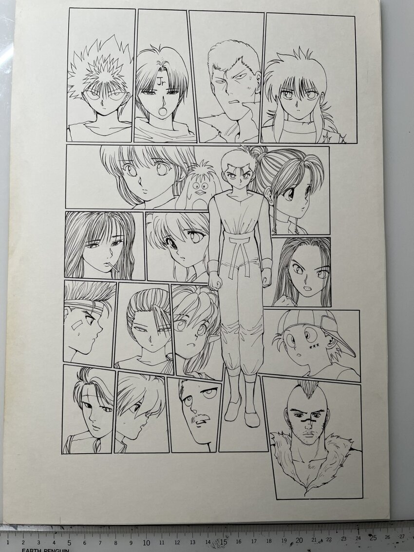 1990s_(style) 5girls 6+boys black_eyes botan_(yu_yu_hakusho) casual chinese_clothes clenched_hand cowboy_shot denim expressionless facial_mark forehead_mark hand_in_pocket hand_on_own_hip hands_in_pockets headband hiei high_ponytail highres injury jeans kurama_(yu_yu_hakusho) kuwabara_kazuma kuwabara_shizuru limited_palette long_hair looking_at_viewer monochrome multiple_boys multiple_girls official_art pacifier pants photo_(medium) pompadour ponytail puu_(yu_yu_hakusho) retro_artstyle scan serious shirt short_hair sleeveless sleeveless_shirt standing sweat tank_top togashi_yoshihiro torn_clothes urameshi_atsuko urameshi_yusuke youko_kurama yukimura_keiko yukina_(yu_yu_hakusho) yuu_yuu_hakusho
