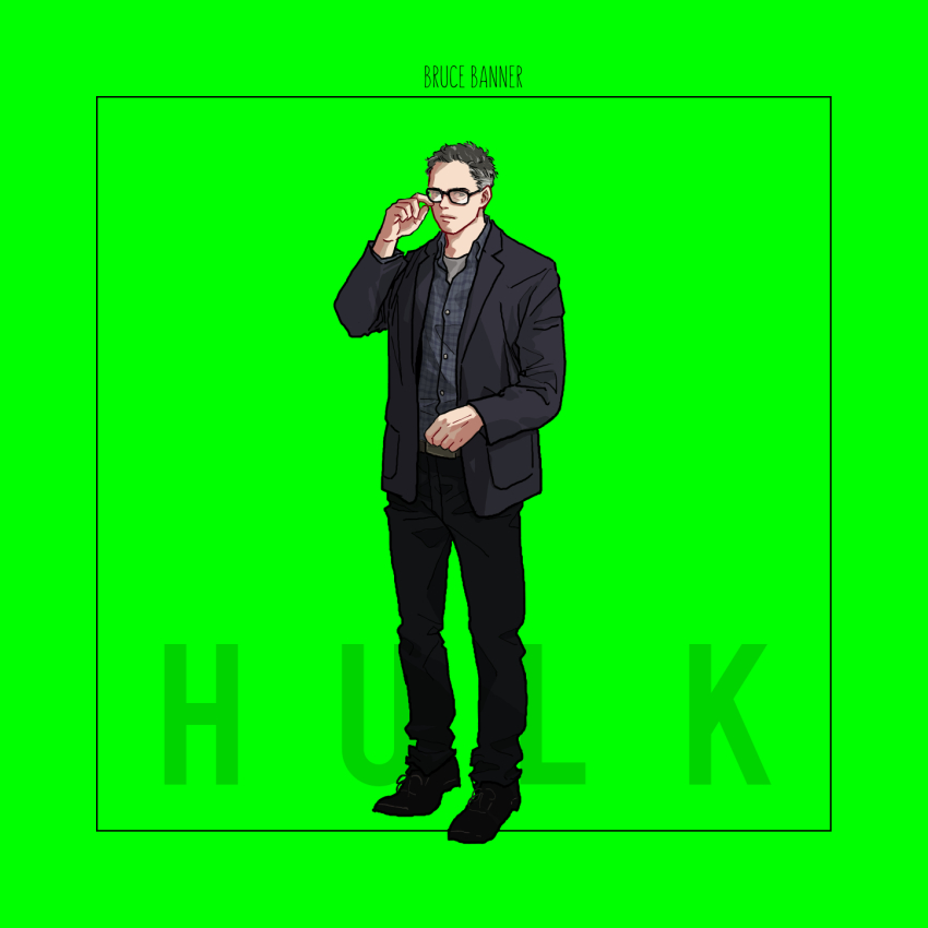 1boy avengers:_endgame avengers_(series) black-framed_eyewear black_boots black_jacket black_pants blue_shirt boots bruce_banner buttons character_name closed_mouth collared_shirt full_body glasses green_background grey_hair hand_up highres jacket lapels long_sleeves looking_at_viewer male_focus marvel marvel_cinematic_universe mochishio open_clothes open_jacket pants plaid_clothes plaid_shirt shirt short_hair simple_background solo standing white_pants