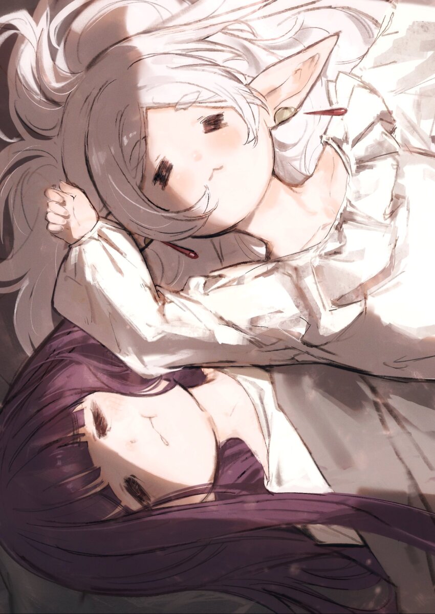 2girls :3 =_= closed_eyes closed_mouth earrings elf fern_(sousou_no_frieren) frieren highres jewelry long_hair lying moku_(muooku) multiple_girls on_back pointy_ears purple_hair sleeping sousou_no_frieren white_hair