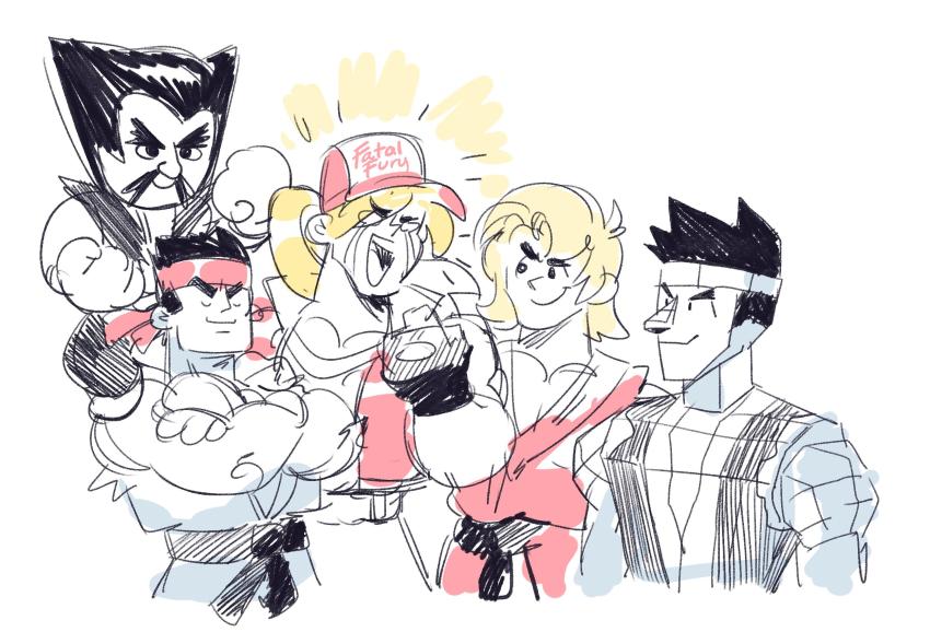 artist_request baseball_cap black_hair blonde_hair blue_eyes brown_hair capcom cosplay crossover dougi fatal_fury fingerless_gloves gloves hat headband highres jacket ken_masters long_hair looking_at_viewer male_focus mii_(nintendo) mishima_heihachi mishima_heihachi_(cosplay) multiple_boys muscular namco nintendo ponytail ryu_(street_fighter) sega short_hair smile snk street_fighter super_smash_bros. tears tekken the_king_of_fighters virtua_fighter yuki_akira