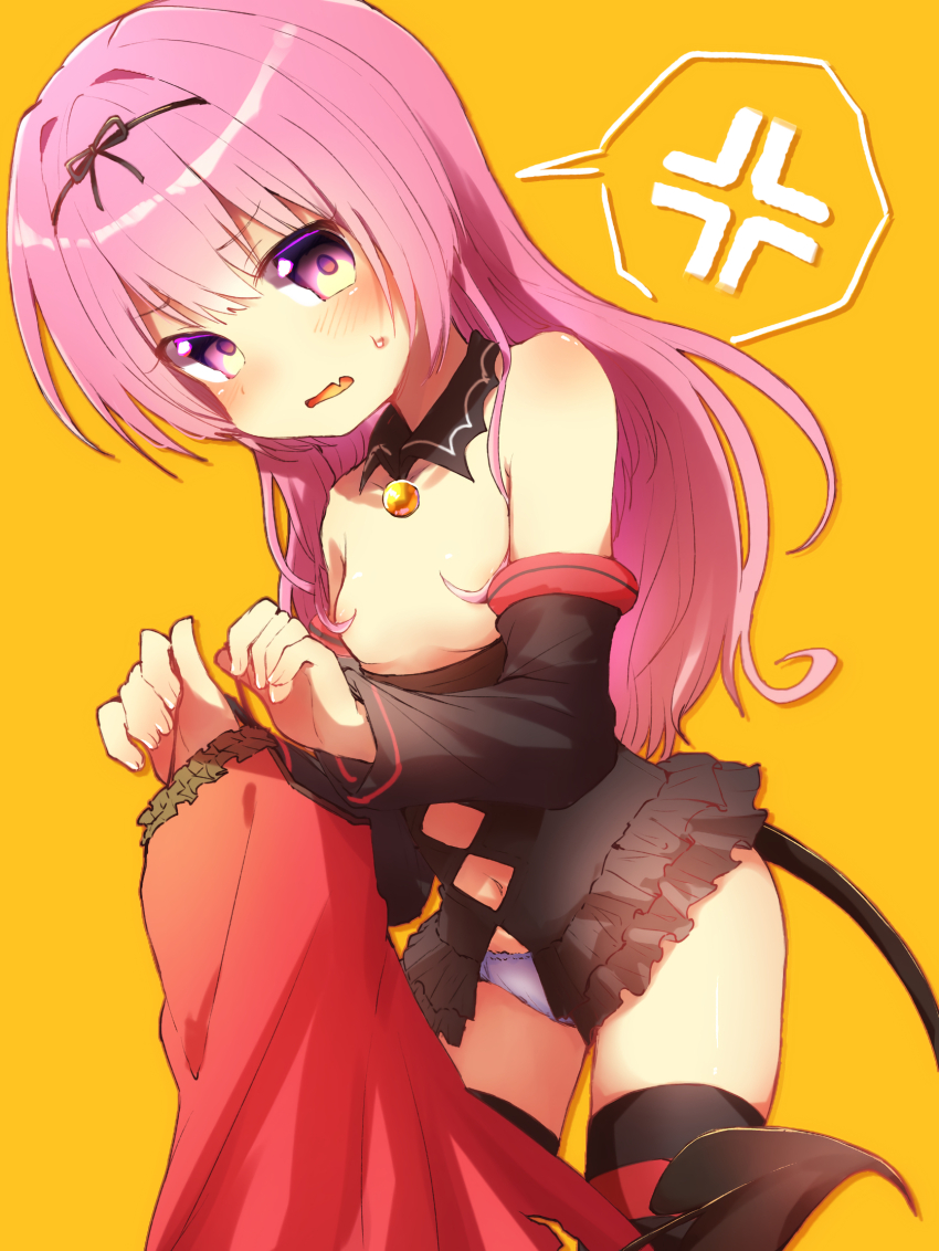 1girl anger_vein annoyed black_shirt black_sleeves blush breasts breasts_out camisole changing_clothes convenient_censoring demon_tail detached_sleeves embarrassed fang hair_censor hair_over_breasts highres horizontal-striped_thighhighs long_hair looking_at_viewer maro_(hpms7727) nana_asta_deviluke navel no_pants open_mouth panties pink_eyes pink_hair red_camisole ribbon shirt simple_background small_breasts solo spoken_anger_vein striped_clothes striped_thighhighs tail thighhighs thighs to_love-ru underwear unworn_camisole white_panties yellow_background