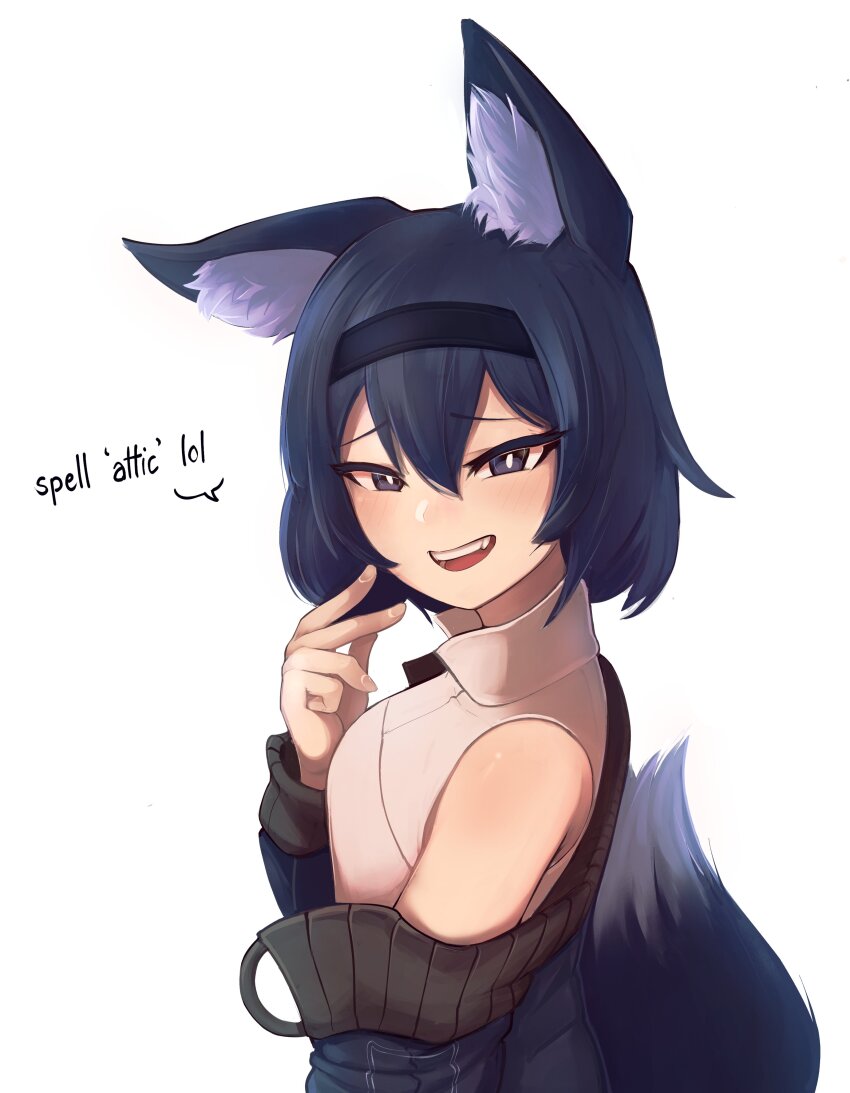 1girl absurdres animal_ear_fluff animal_ears bare_shoulders black_eyes black_hair black_jacket breasts bright_pupils commentary english_commentary english_text fox_ears fox_girl fox_tail hair_between_eyes hairband hand_up highres jacket jacy light_brown_hair looking_at_viewer looking_to_the_side off_shoulder open_mouth original raised_eyebrows shirt short_hair simple_background sleeveless sleeveless_shirt small_breasts smile solo souko_chie tail teeth upper_body upper_teeth_only white_background white_pupils