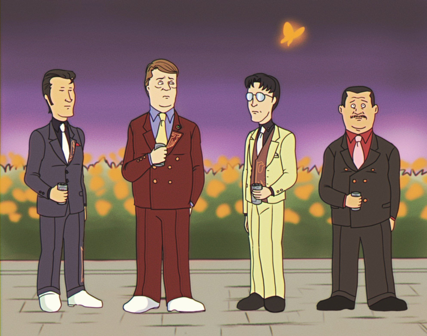 4boys beer_can bill_dauterive black_hair black_shirt blazer blue_shirt brown_vest bug butterfly buttoned_cuffs buttons can closed_mouth collared_shirt commentary_request cosplay dale_gribble drink_can expressionless facial_hair formal_clothes full_body glasses grey_jacket grey_pants hank_hill highres insect jacket jeff_boomhauer king_of_the_hill long_sleeves looking_at_another looking_at_viewer male_focus multiple_boys mustache necktie opaque_glasses open_clothes open_jacket orange_butterfly pants parted_bangs pink_necktie red_shirt shirt shoes short_hair standing suit umineko_no_naku_koro_ni ushiromiya_george ushiromiya_george_(cosplay) ushiromiya_hideyoshi ushiromiya_hideyoshi_(cosplay) ushiromiya_krauss ushiromiya_krauss_(cosplay) ushiromiya_rudolf ushiromiya_rudolf_(cosplay) very_short_hair vest white_footwear white_necktie whoa_uwu yellow_necktie