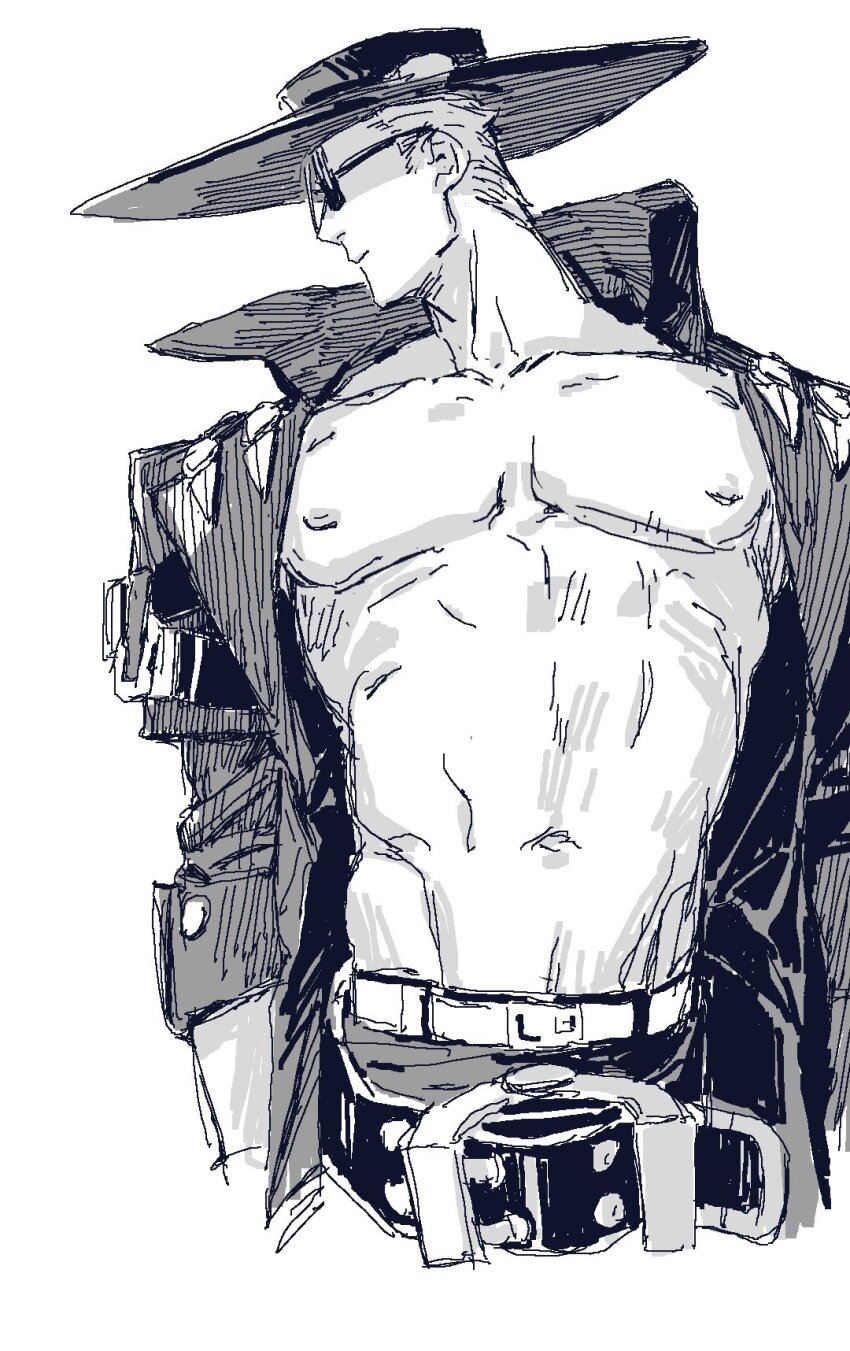 1boy abs amatuki bare_pectorals belt closed_mouth coat collared_coat commentary_request cropped_legs greyscale groin guilty_gear hat highres johnny_(guilty_gear) male_focus monochrome multiple_belts navel nipples open_clothes open_coat pants pectorals short_hair simple_background solo sunglasses white_background wide_brim