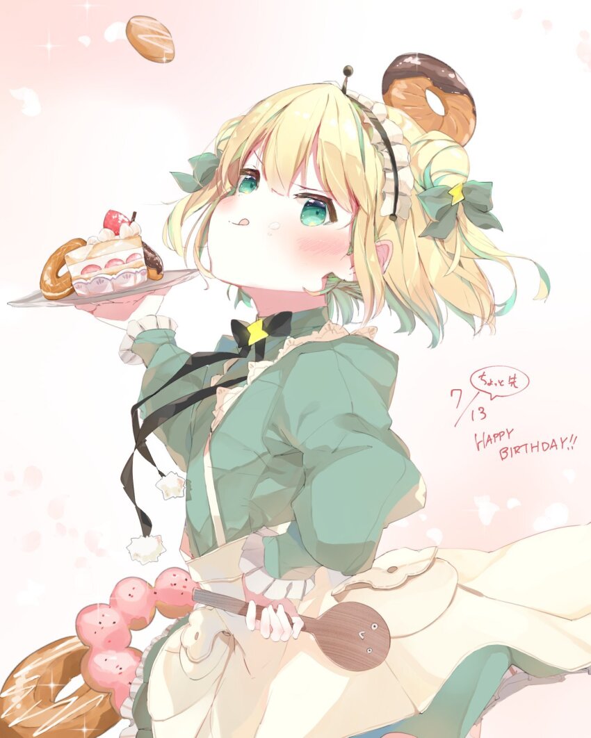 1girl amano_pikamee blonde_hair blue_bow blush bow cake dessert double_bun donut food fruit green_eyes green_hair hair_bow hair_bun hair_ornament headband highres holding holding_tray looking_at_viewer medium_hair multicolored_hair ryo_(ryo_skrdi) strawberry strawberry_shortcake streaked_hair tomoe_(amano_pikamee) tray virtual_youtuber voms