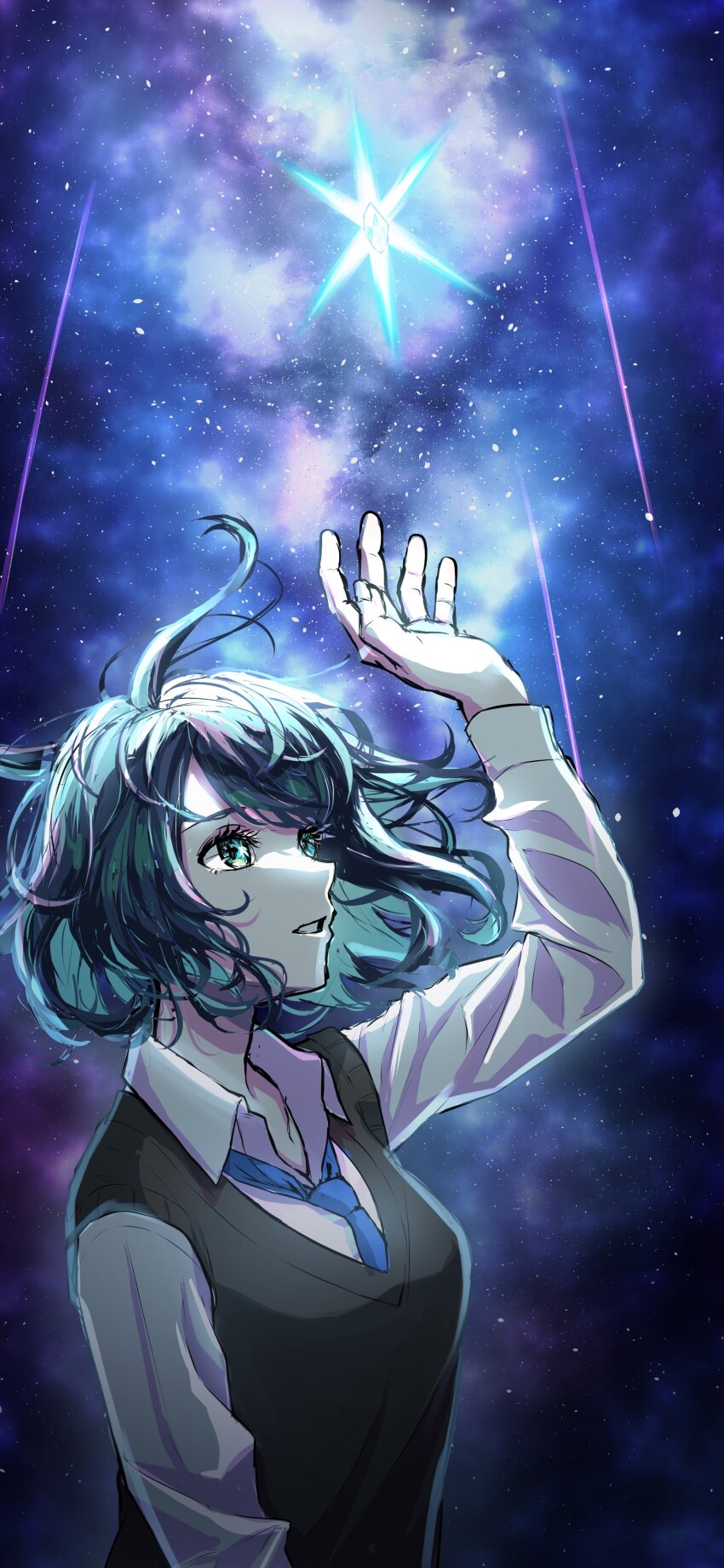 1girl aboreen absurdres arm_up black_vest blue_eyes blue_hair blue_necktie collared_shirt commentary highres kurokawa_akane long_sleeves necktie oshi_no_ko parted_lips shirt short_hair sky solo star_(sky) starry_sky vest white_shirt