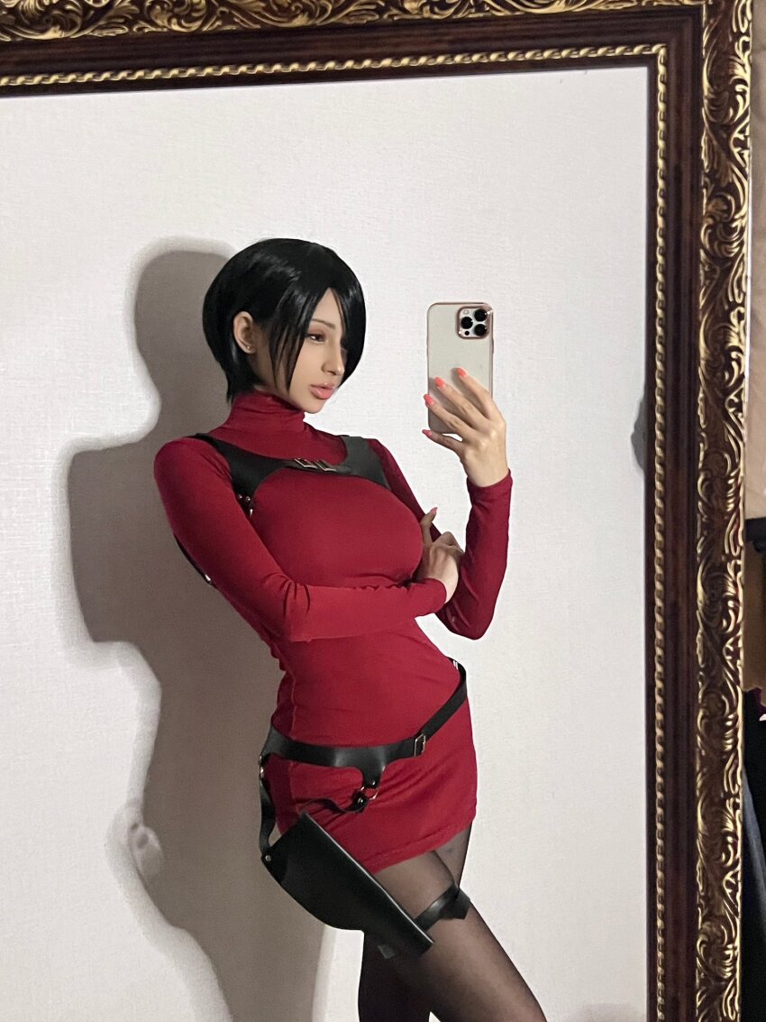 1girl ada_wong ada_wong_(cosplay) black_hair cell cosplay highres medium_hair pantyhose pervert presenting real_life resident_evil selfie sexually_suggestive short_hair solo standing