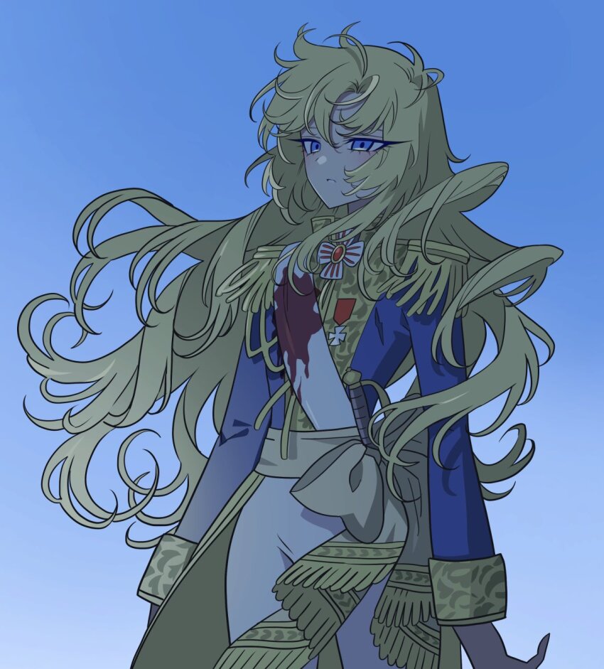1girl blonde_hair blue_eyes blue_jacket blue_sky cowboy_shot epaulettes hair_between_eyes high_collar highres jacket long_eyelashes long_hair looking_ahead medal meremero oscar_francois_de_jarjayes pants sash sky solo sword versailles_no_bara weapon white_pants