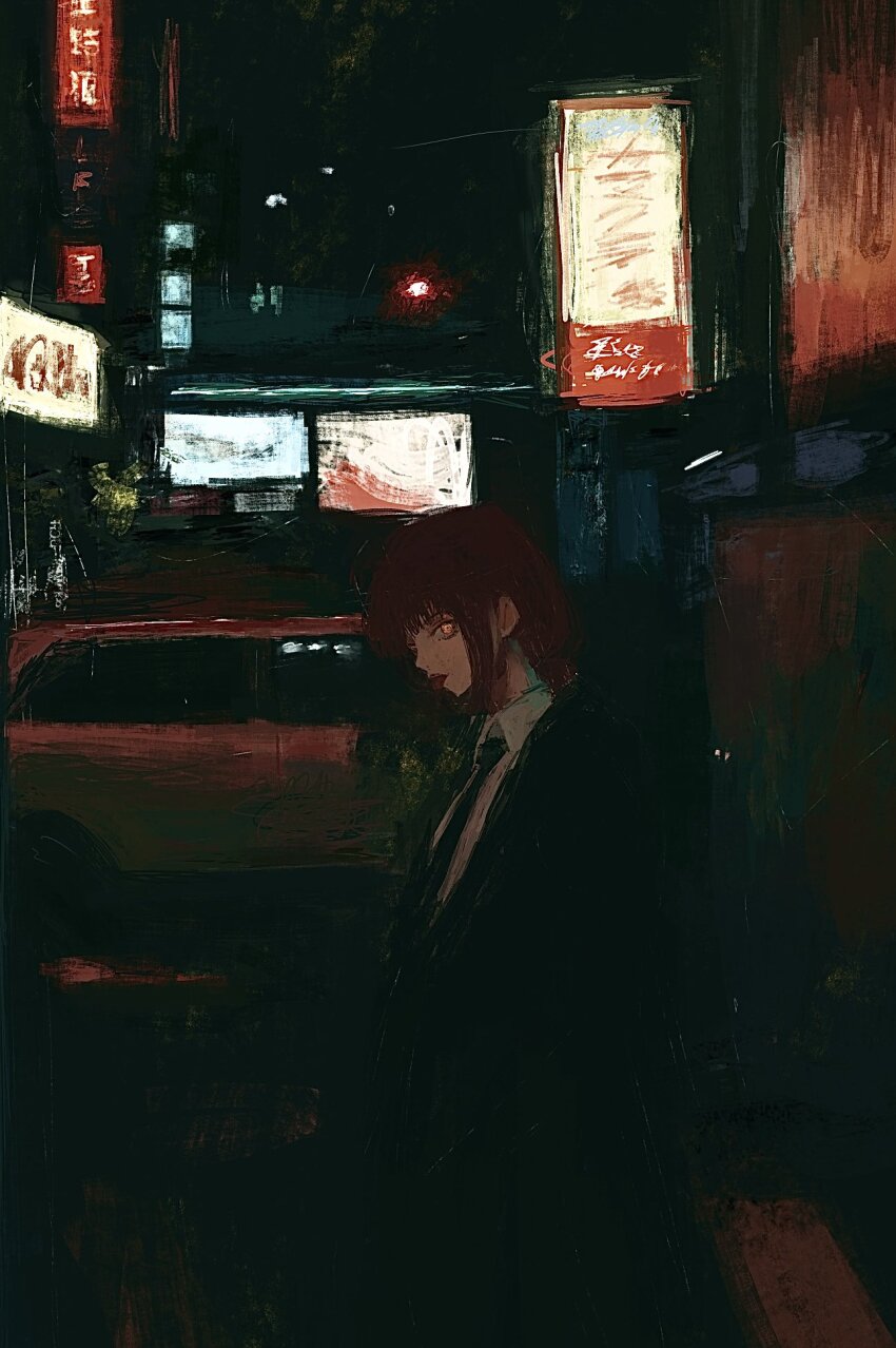 1girl black_necktie black_suit building car chainsaw_man city formal_clothes fuyumurasaki highres makima_(chainsaw_man) motor_vehicle necktie night orange_eyes outdoors painterly red_hair red_lips sign solo standing suit