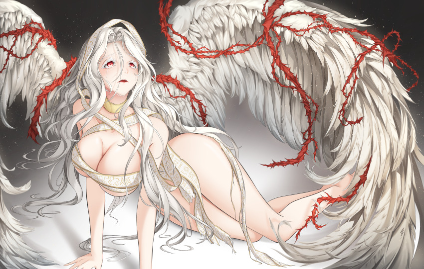 1girl absurdres angel angel_wings arm_support armpit_crease arucoro bare_shoulders barefoot black_background breasts cleavage collarbone colored_eyelashes curvy full_body hair_between_eyes hand_on_ground highres hood large_breasts last_origin light_particles long_hair looking_ahead looking_at_viewer lying on_side open_mouth parted_bangs parted_lips ramiel_(last_origin) revealing_clothes ribbon ribbon_as_bra shadow solo teeth thick_eyelashes thorns torn_clothes torn_ribbon underboob upper_teeth_only very_long_hair wavy_hair white_eyelashes white_hair white_ribbon wings