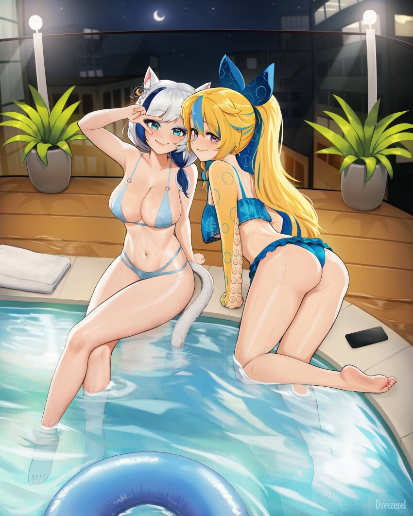 2girls absurdres animal_ears ass barefoot bikini blonde_hair blue_bikini blue_bow blue_eyes blue_hair blue_innertube bow breasts building cat_ears cat_tail cellphone character_request city commentary crescent_moon dreizerel english_commentary feet hair_bow highres indie_virtual_youtuber large_breasts looking_at_viewer moon multicolored_hair multiple_girls navel night phone poolside rhea_aitken second-party_source smartphone soaking_feet soles streaked_hair swimsuit tail thighs toes v v_over_eye virtual_youtuber wet white_hair wooden_floor