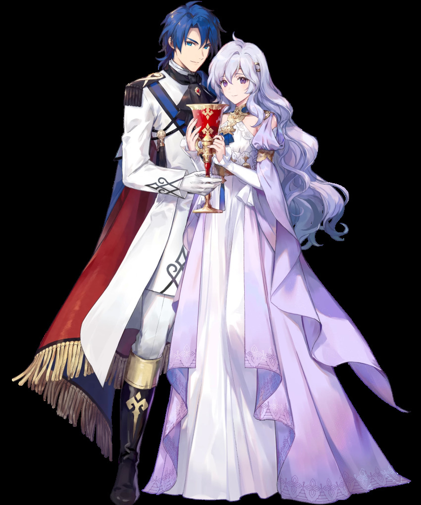 1boy 1girl azu-taro ballgown ballroom_dress ballroom_gown black_footwear blue_eyes blue_hair boots cape chalice couple cup deirdre_(fire_emblem) deirdre_(masquerade)_(fire_emblem) dress fire_emblem fire_emblem:_genealogy_of_the_holy_war fire_emblem_heroes full_body gloves gradient_clothes gradient_dress highres husband_and_wife knee_boots light_purple_hair long_dress long_hair long_sleeves matching_hair/eyes nintendo official_art pants purple_eyes short_hair sigurd_(fire_emblem) sigurd_(masquerade)_(fire_emblem) standing transparent_background white_gloves