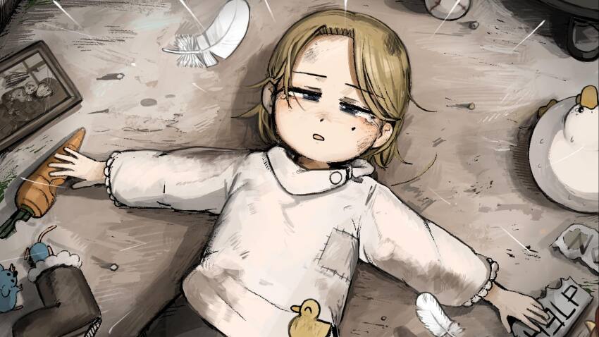 1girl aged_down bird blonde_hair blue_eyes boots carrot chicken commentary dirty dirty_clothes diva_(hyxpk) duck english_commentary exhausted feathers grey_shirt highres little_nuns_(diva) lying mole mole_on_cheek mouse_(animal) photo_(object) shirt short_hair strict_nun_(diva) unworn_boots