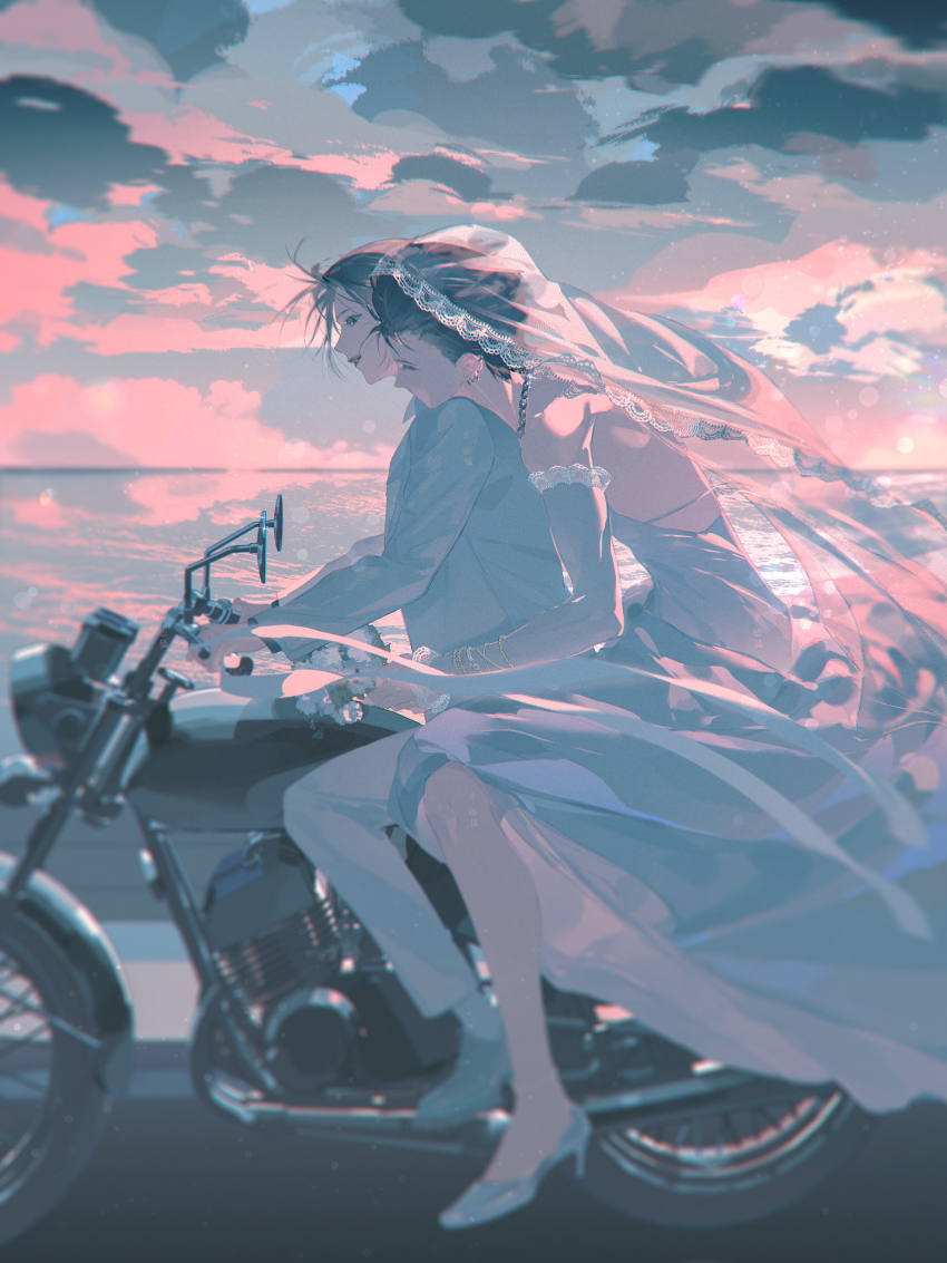 1boy 1girl absurdres black_hair bracelet bridal_veil chain chain_necklace cloud commentary crossdressing dress earrings from_side full_body gradient_sky head_on_another&#039;s_shoulder high_heels highres honjou_ren hug hug_from_behind jacket jewelry jiyun0805 long_dress motor_vehicle motorcycle nana_(series) necklace ocean on_motorcycle osaki_nana pants short_hair sky symbol-only_commentary veil white_dress white_jacket white_pants
