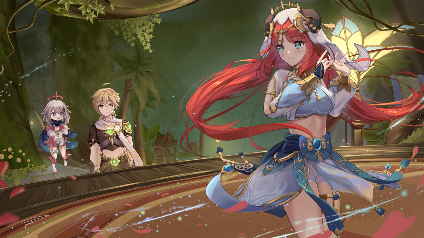 1boy 2girls absurdres aether_(genshin_impact) aqua_eyes blue_gemstone blue_skirt breasts circlet closed_mouth commentary crop_top fake_horns fingernails gem genshin_impact gold_trim hands_up highres horns jewelry long_hair long_sleeves medium_breasts multiple_girls nilou_(genshin_impact) paimon_(genshin_impact) pakun parted_bangs puffy_long_sleeves puffy_sleeves red_hair signature skirt smile stomach thighlet veil very_long_hair white_veil